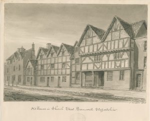 Tamworth - Old Houses in Church Street: rysunek rozmyty w sepii, 1838 r. autorstwa John Buckler