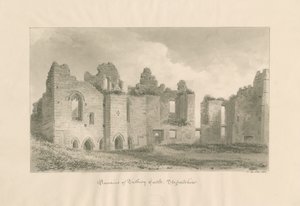 Zamek Tutbury - Pozostałości z wewnętrznego dziedzińca: rysunek rozmyty w sepii, 1812 autorstwa John Buckler
