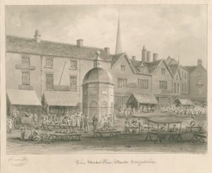 Uttoxeter Town - Rynek: rysunek w sepii autorstwa John Buckler