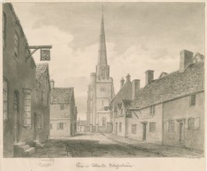 Uttoxeter Town - Street View: rysunek w sepii autorstwa John Buckler