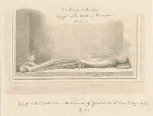 Weston-under-Lizard Church - Wizerunek Sir Hugh de Westona: rysunek w sepii, 1842 autorstwa John Buckler