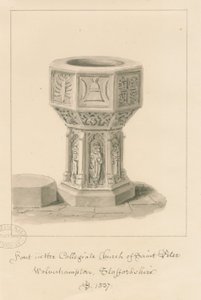 Wolverhampton - Czcionka w kościele św. Piotra: rysunek w sepii, 1837 autorstwa John Buckler