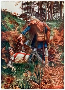 Wierny pomaga Christianowi podnieść się po jego upadku z The Pielgrzym Postępy z tego świata, do tego, który ma nadejść John Bunyan (1628-1688) Ilustracja Byama Shawa (1872-1919) przedstawiająca chrześcijańską istotę autorstwa John Byam Liston Shaw