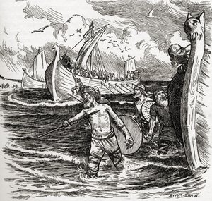 Lądowanie jutów na wyspie Thanet, Kent, Anglia, 449 r., z książki „Kościół anglikański: historia dla ludu”, wydanej ok. 1910 r. autorstwa John Byam Liston Shaw