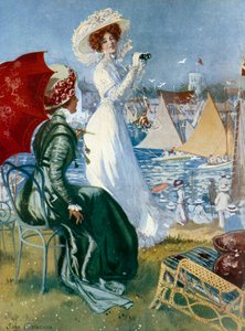 Belle epoque: „Młode kobiety śledzące regaty z lornetką” Litografia Johna Camerona (XX w.) Paryż, Sztuka dekoracyjna