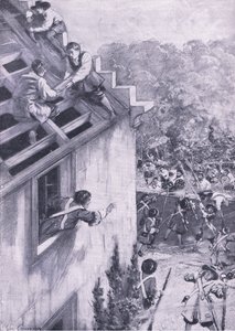 Atak na Dukeld, 21 sierpnia 1689, ilustracja z brytyjskich bitew lądowych i morskich, 1915 autorstwa John Cameron