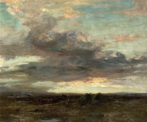 Wrzosowisko Argyllshire, Szkocja, zachód słońca, 1907 autorstwa John Campbell Mitchell