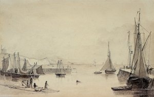 Port Folkestone z żeglugą, klif Szekspira w oddali, XIX wiek autorstwa John Carpenter