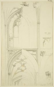 Szczegóły maswerku okna Clerestory i sklepienia nawy bocznej poniżej, w St Mary Redcliffe (ołówek i akwarela na papierze)
