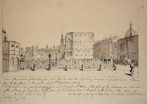 Widok na pozostałości starego więzienia Newgate