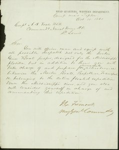 List podpisany J.C. Fremont, dowódca generała dywizji, kwatera główna, departament zachodni, obóz w pobliżu Tipton, do kapitana A.H. Foote