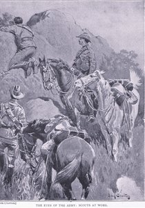 Oczy armii, zwiadowcy przy pracy, z After Pretoria: The Guerilla War wydanego przez Harmsworth Bros Limited, 1901