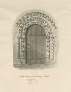 Armitage Church - South Doorway: rysunek w sepii autorstwa John Chessell Buckler