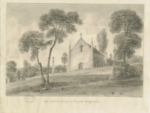 Cresswell – Katolicka kaplica Draycott-in-the-Maors: rysunek w sepii, 1841 autorstwa John Chessell Buckler