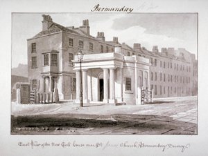 Widok od wschodu na nowy dom opłat drogowych w pobliżu kościoła św. Jakuba, Bermondsey, Londyn, 1827 r. autorstwa John Chessell Buckler