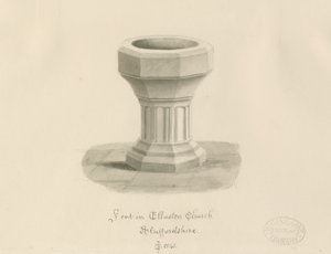Czcionka w kościele Ellastone: rysunek w sepii autorstwa John Chessell Buckler