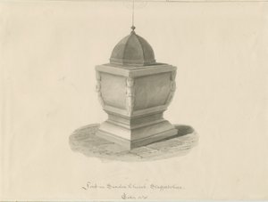 Czcionka w kościele Sandon: rysunek w odcieniu sepii, maj 1841 (rysunek) autorstwa John Chessell Buckler