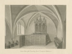 Wnętrze katedry w Lichfield - Sąd Konsystorza: rysunek w sepii autorstwa John Chessell Buckler