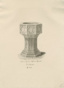 Lichfield - Czcionka w kościele św. Czadu: rysunek w sepii autorstwa John Chessell Buckler