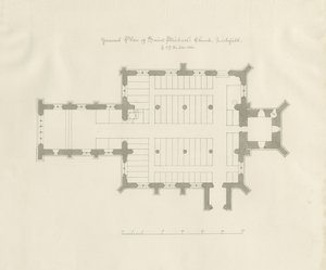 Lichfield - Plan terenu kościoła św. Michała: rysunek piórem i sepią autorstwa John Chessell Buckler