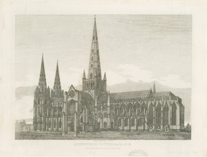 Katedra w Lichfield - widok na południowy wschód: grawerowanie i [ok. 1820] (druk) autorstwa John Chessell Buckler