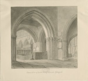 Stafford - Wnętrze kościoła Mariackiego: rysunek w sepii, 1841 r. autorstwa John Chessell Buckler