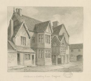 Stafford - Old Houses in Crabbery Lane: rysunek w sepii, 1841 autorstwa John Chessell Buckler