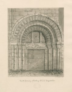 Tutbury Priory Church - South Doorway: rysunek rozmyty w sepii, 1812 autorstwa John Chessell Buckler