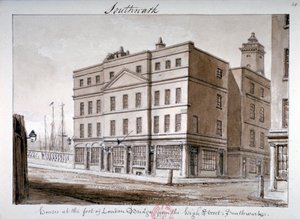 Widok na Borough High Street i róg London Bridge, Southwark, Londyn, 1828 autorstwa John Chessell Buckler
