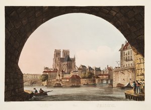 Most hotelu Dieu i kościół Notre Dame, ilustracja z Wersalu, Paryża i Saint Denis, wyd. 1805 (akwatinta)