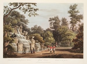 Grand Trianon, fontanna w ogrodzie, ilustracja z Wersalu, Paryża i Saint Denis, wyd. 1805 (akwatinta)