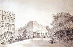 Widok placu Fitzroya z dwiema postaciami ciągnącymi rolkę ogrodową, ok. 1808 r. (tusz i pranie na papierze) autorstwa John Claude Nattes