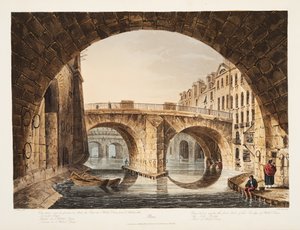 Widok spod pierwszego łuku mostu Hotel Dieu, Mały Most, część Hotel Dieu, ilustracja z Wersalu, Paryża i Saint Denis, wyd. 1809 (akwatinta) autorstwa John Claude Nattes