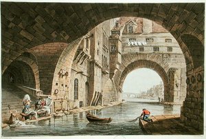 Miejsce mycia Hotel-Dieu i Pont de la Tournelle, rytowane przez I. Hilla, 1810 (akwatinta) autorstwa John Claude after Nattes