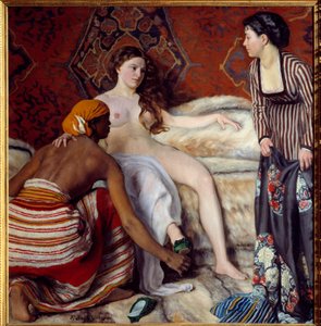 Orientalizm: „”Toaleta”” Młoda biała kobieta w asyście swoich dwóch dziewcząt ma toaletę. Obraz Frederica Bazille