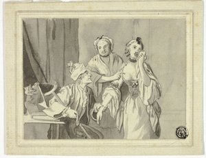 Ilustracja literacka: Starszy mężczyzna zatrzymujący młodą kobietę, której towarzyszy starsza kobieta autorstwa John Collet