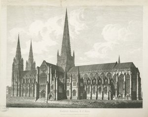 Katedra w Lichfield - widok południowo-wschodni: grawerowanie, bd [c 1823] (druk) autorstwa John Coney