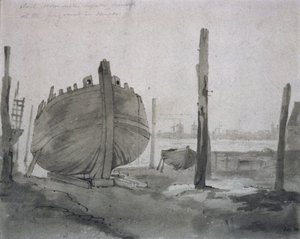 Scena rzeczna z statkiem o zachodzie słońca autorstwa John Constable