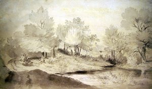 Staw Suffolk, z domkami w oddali (ołówek i pranie na papierze) autorstwa John Constable