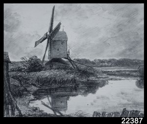 Młyn nad brzegiem rzeki Stour (węgiel na papierze) autorstwa John Constable