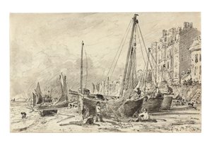 Wyrzucone na brzeg łodzie rybackie z rybakami naprawiającymi sieci na plaży w Brighton, patrząc na zachód, ok. 1824-28 autorstwa John Constable