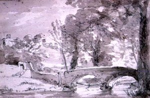 Most z drzewami i budynkami, w Haddon autorstwa John Constable