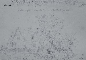 Chata w Holton z kościołem w tle (pióro i atrament na papierze) autorstwa John Constable