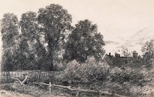 Pejzaż z wiązami i domem (grafit na papierze) autorstwa John Constable