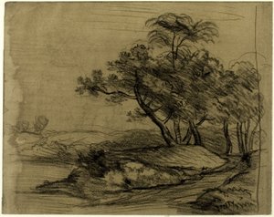Brzeg rzeki z drzewami (recto); Stado bydła pod drzewami, z wstawionym szkicem krajobrazu (verso) autorstwa John Constable