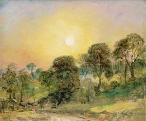 Drzewa na Hampstead Heath o zachodzie słońca (olej na papierze)