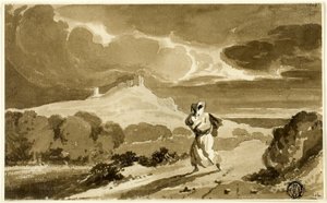 Kobieta z dzieckiem ucieka przez wrzosowiska autorstwa John Constable