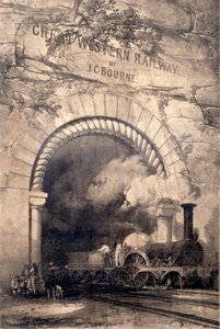 Lokomotywa Acheron 2-2-2 wyłaniająca się z tunelu w pobliżu Bristolu, fronton do Historii i opisu Great Western Railway, 1846 autorstwa John Cooke Bourne