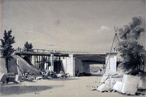 Denbigh Hall Bridge from the Road, 25 czerwca 1837 (pióro i atrament i pranie na papierze) autorstwa John Cooke Bourne