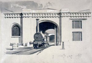 Lokomotywownia, Camden Town, 1839 (pióro i atrament oraz pranie na papierze) autorstwa John Cooke Bourne